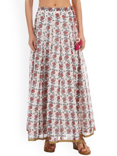 

Ethnicity White & Green Floral Print Gathered Or Pleated Ruffles Maxi Flared Skirt