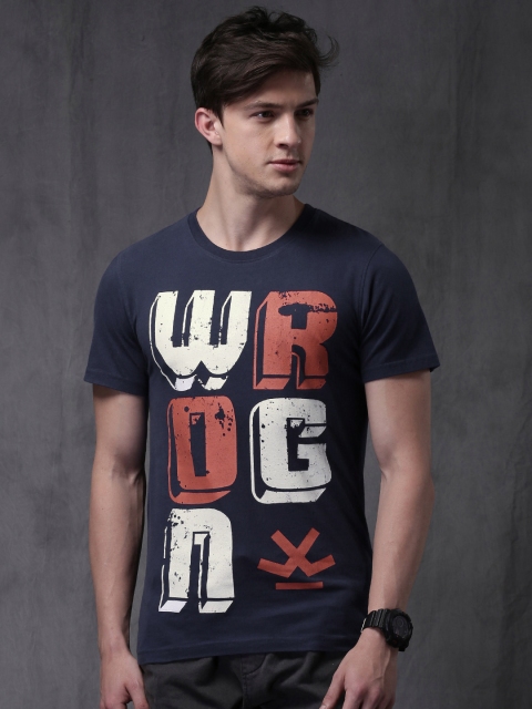 

WROGN Men Navy Printed Round Neck T-shirt, Navy blue