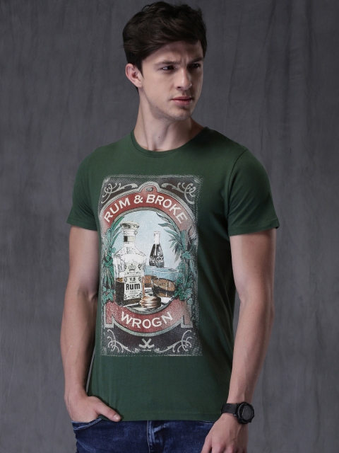 

WROGN Olive Green Printed Round Neck T-shirt