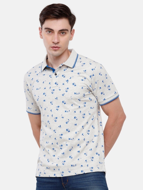 

Classic Polo Men Off White & Blue Floral Printed Polo Collar Pure Cotton Slim Fit T-shirt