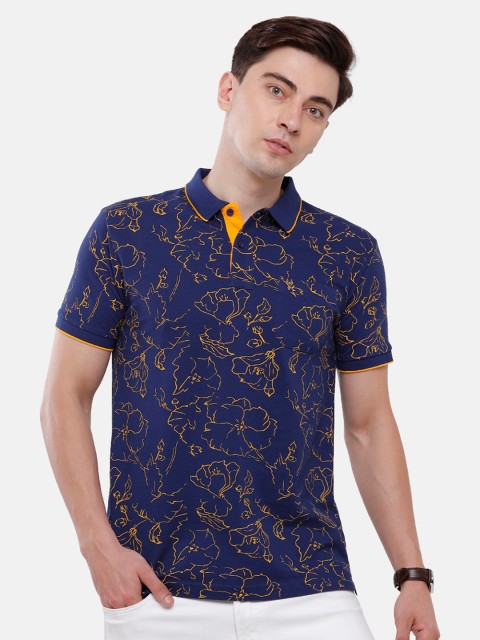 

Classic Polo Men Blue Floral Printed Polo Collar Slim Fit Cotton T-shirt