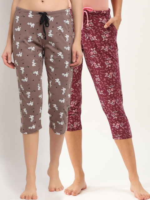 

Kanvin Women Burgundy & Brown Pack Of 2 Printed Pure Cotton Straight Capri Lounge Pants