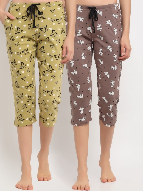 

Kanvin Women Pack Of 2 Printed Pure Cotton Three Fourth-Length Lounge Pants, Green