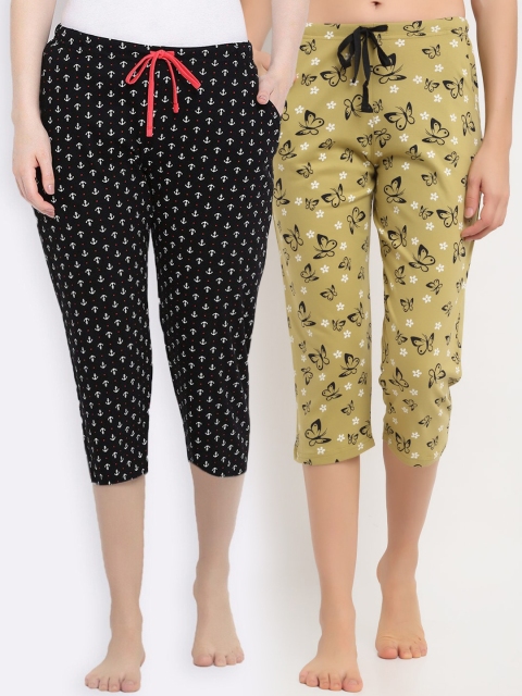 

Kanvin Women Pack Of 2 Printed Pure Cotton Three Fourth-Length Lounge Pants, Green