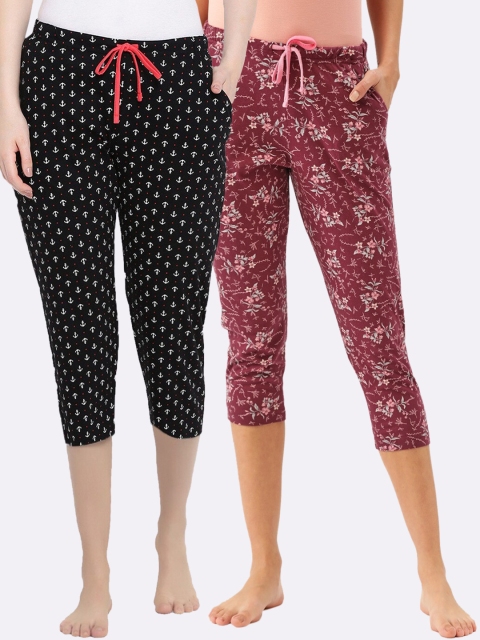 

Kanvin Women Pack Of 2 Printed Pure Cotton Three Fourth-Length Lounge Pants, Maroon