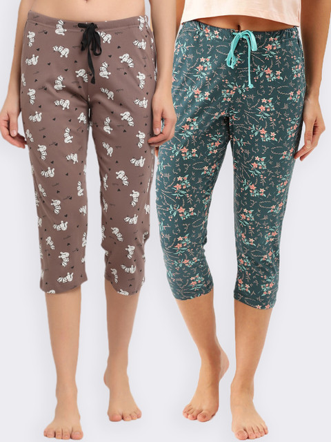 

Kanvin Women Pack Of 2 Printed Pure Cotton Three Fourth-Length Lounge Pants, Teal