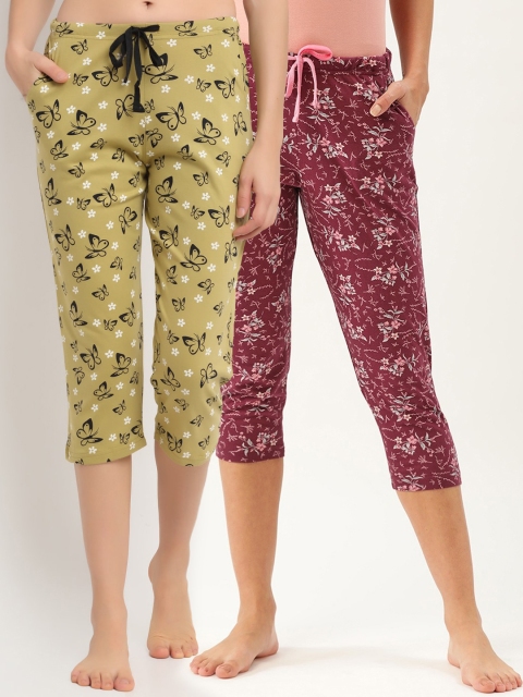 

Kanvin Women Pack Of 2 Printed Pure Cotton Three Fourth-Length Lounge Pants, Maroon