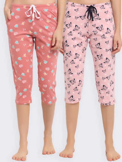 

Kanvin Women Pink & Coral Pack Of 2 Printed Pure Cotton Lounge Capri