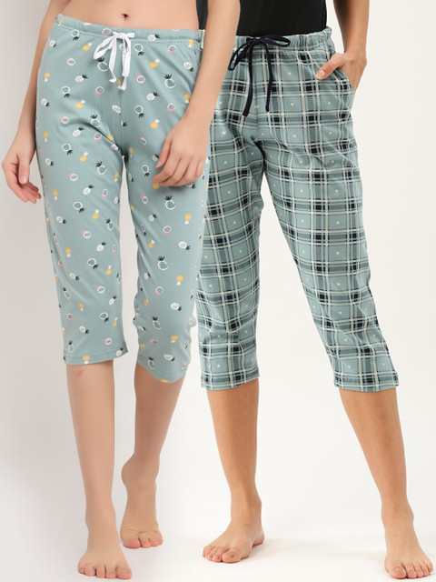 

Kanvin Women Pack Of 2 Printed Pure Cotton Three Fourth-Length Lounge Pants, Blue