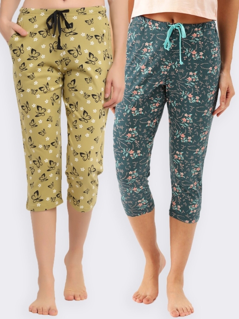 

Kanvin Women Pack Of 2 Teal Printed Pure Cotton Lounge Pants