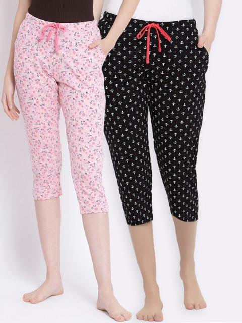 

Kanvin Women Pack Of 2 Printed Pure Cotton Three Fourth-Length Lounge Pants, Pink