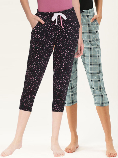 

Kanvin Women Pack Of 2 Printed Pure Cotton Three Fourth-Length Lounge Pants, Blue