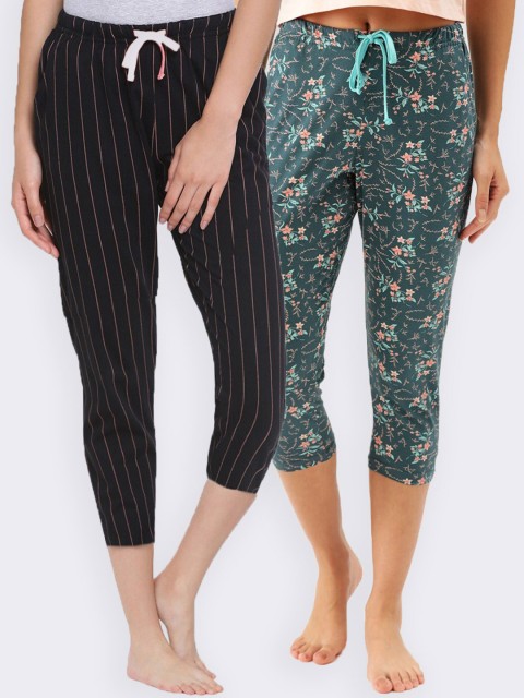 

Kanvin Women Pack Of 2 Printed Pure Cotton Three Fourth-Length Lounge Pants, Teal