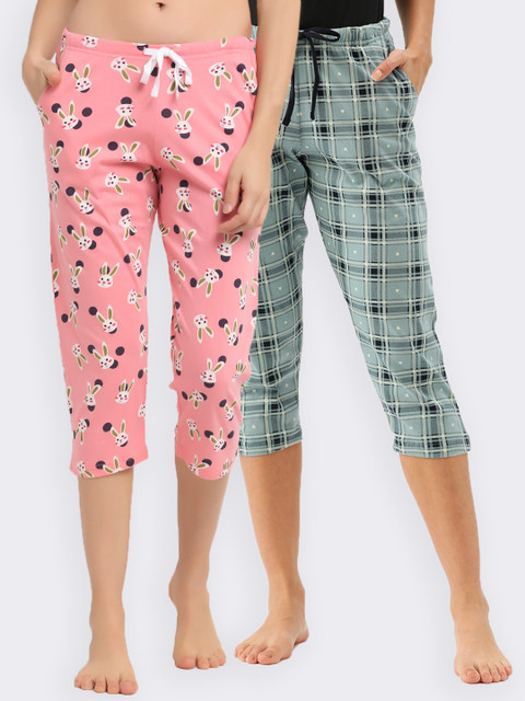 

Kanvin Women Blue & Pink Pack Of 2 Checked & Printed Pure Cotton Straight Lounge Pants