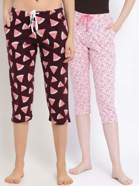 

Kanvin Women Pack Of 2 Printed Pure Cotton Lounge Pants, Pink