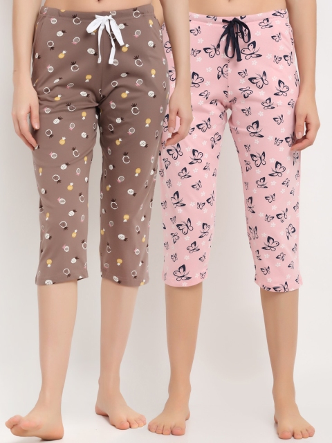 

Kanvin Women Pink & Brown Pack Of 2 Printed Pure Cotton Straight Capri Lounge Pants