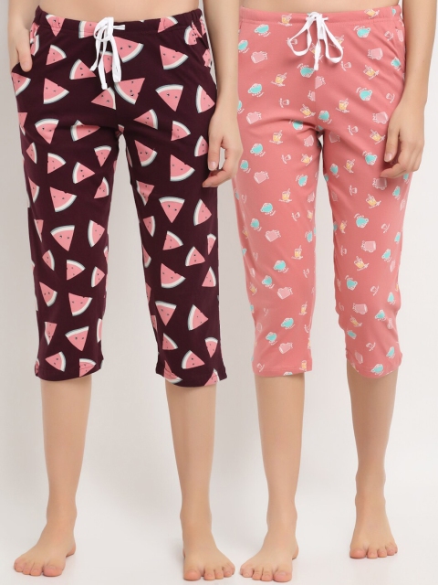 

Kanvin Women Coral Pink & Brown Pack Of 2 Printed Pure Cotton Straight Capri Lounge Pants