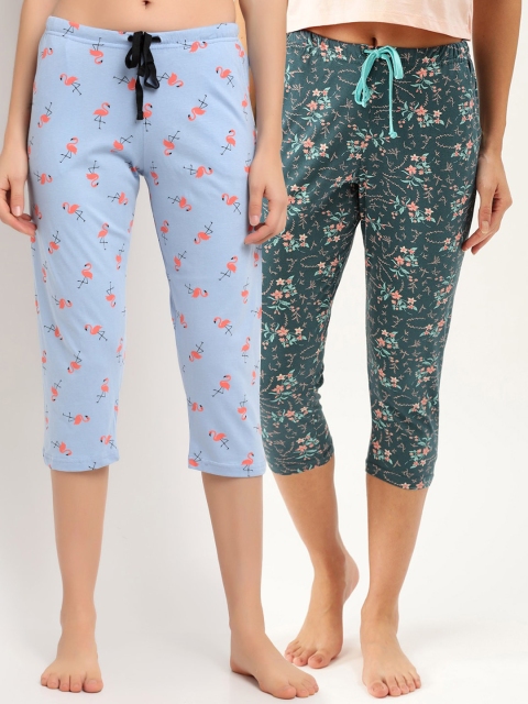 

Kanvin Women Pack Of 2 Printed Pure Cotton Three Fourth-Length Lounge Pants, Teal