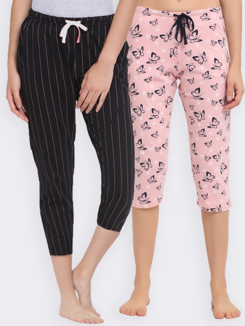 

Kanvin Women Pink & Black Pack Of 2 Printed & Striped Pure Cotton Straight Lounge Pants