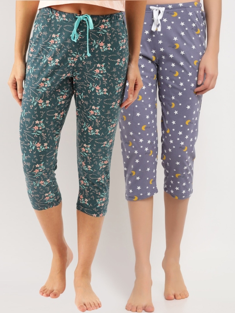 

Kanvin Women Teal Blue & Grey Pack Of 2 Printed Pure Cotton Straight Capri Lounge Pants