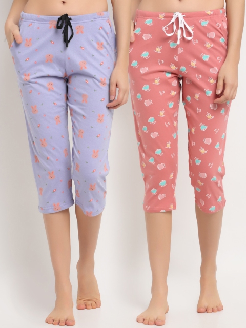 

Kanvin Women Pack Of 2 Printed Pure Cotton Three-Fourth Lounge Pants, Coral