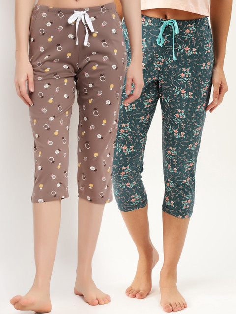

Kanvin Pack Of 2 Brown & Teal Printed Cotton Cropped Lounge Pants