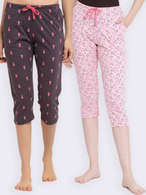 

Kanvin Women Pack Of 2 Printed Pure Cotton Three-Fourth Lounge Pants, Pink