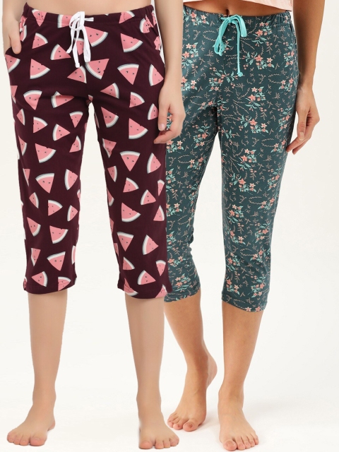 

Kanvin Pack Of 2 Teal & Maroon Printed Cotton Cropped Lounge Pants
