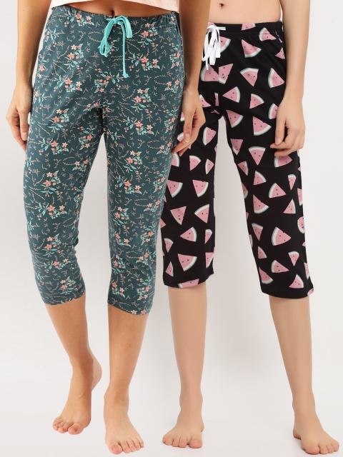 

Kanvin Women Pack of 2 Printed Pure Cotton Three-Fourth Mid-Rise Lounge Pants, Teal