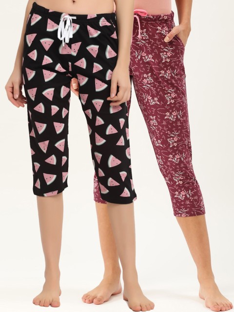 

Kanvin Women Black & Burgundy Pack Of 2 Printed Pure Cotton Straight Capri Lounge Pants