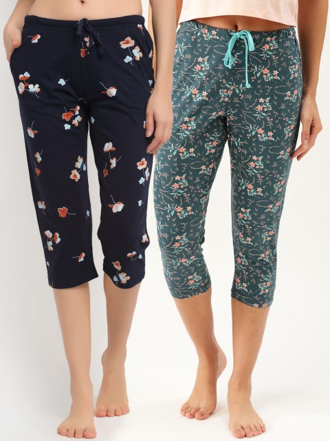 

Kanvin Pack Of 2 Navy Blue & Teal Printed Cotton Cropped Lounge Pants