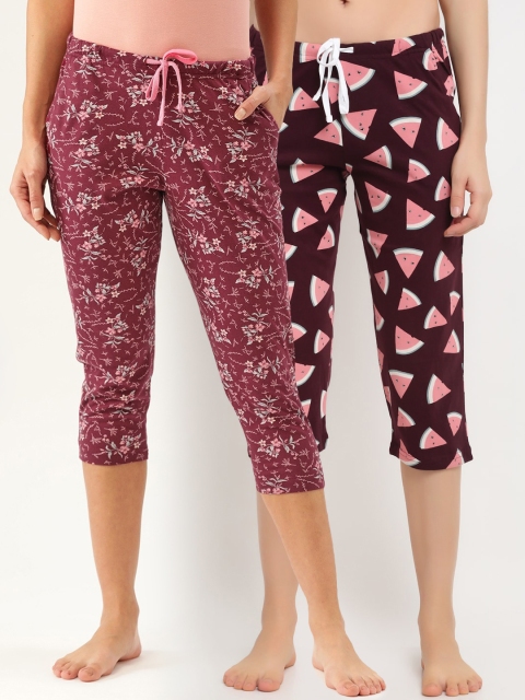 

Kanvin Pack Of 2 Maroon Printed Cotton Cropped Lounge Pants