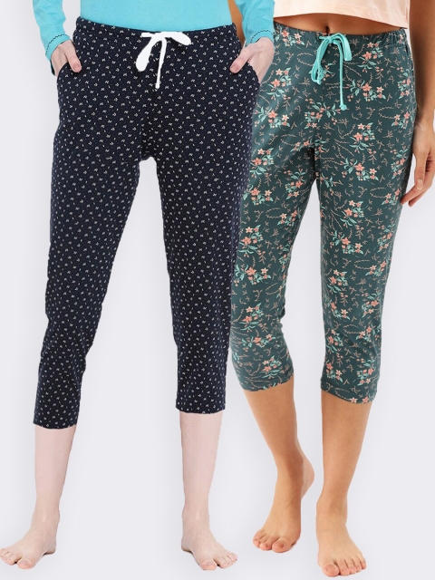 

Kanvin Women Navy Blue & Green Printed Set of 2 Three-Fourth Length Cotton Leggings