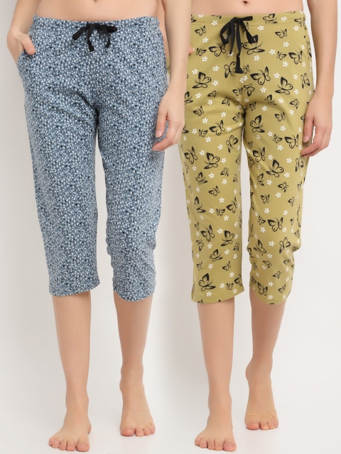 

Kanvin Women Pack Of 2 Printed Pure Cotton Three-Fourth Lounge Pants, Olive