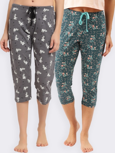 

Kanvin Women Pack Of 2 Printed Pure Cotton Three-Fourth Lounge Pants, Teal