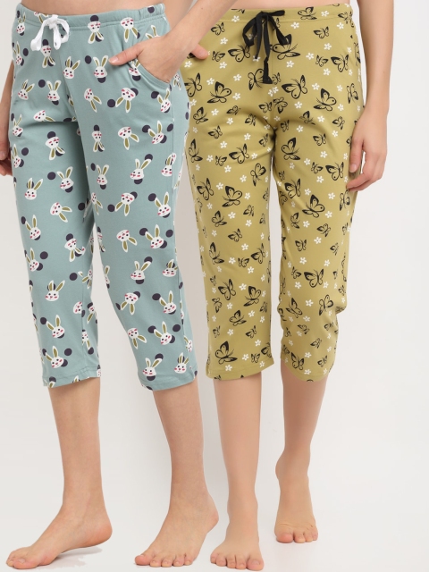 

Kanvin Pack of 2 Women Mint Green & Olive Green Printed Three-Fourth Cotton Lounge Pants