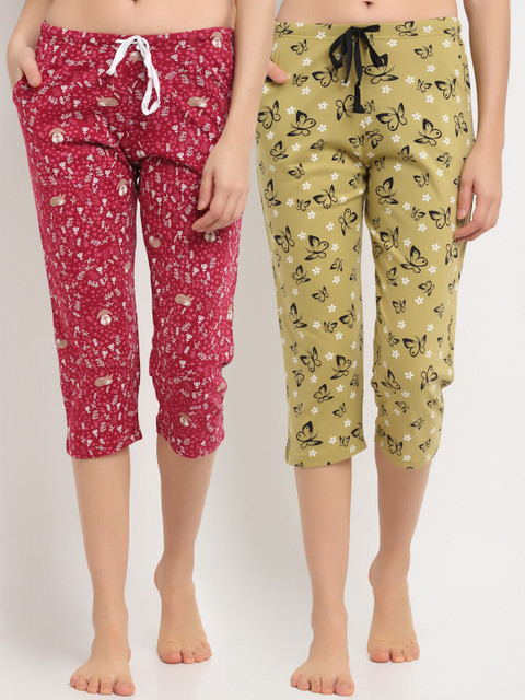 

Kanvin Women Red & Green Printed Set of 2 Three-Fourth Length Cotton Leggings