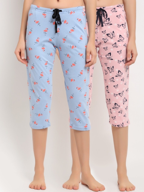 

Kanvin Women Pack Of 2 Printed Pure Cotton Three Fourth-Length Lounge Pants, Pink