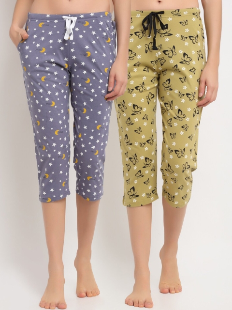 

Kanvin Women Pack of 2 Printed Pure Cotton Three-Fourth Mid-Rise Lounge Pants, Green