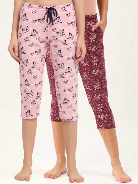 

Kanvin Women Pack Of 2 Printed Pure Cotton Lounge Pants, Maroon