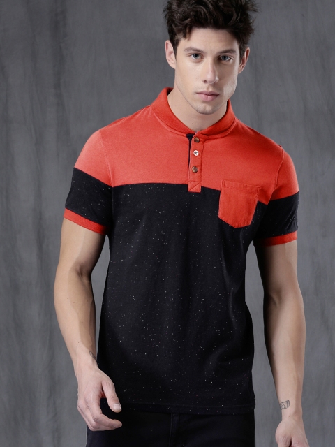 

WROGN Men Navy & Orange Colourblocked Speckled Polo Collar T-shirt, Navy blue