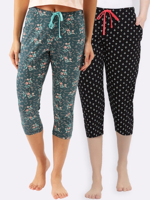 

Kanvin Women Pack Of 2 Printed Pure Cotton Three-Fourth Lounge Pants, Teal
