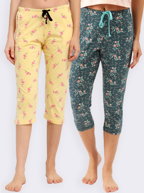 

Kanvin Pack Of 2 Yellow & Teal Printed Cotton Cropped Lounge Pants