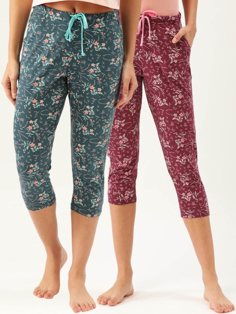 

Kanvin Pack Of 2 Teal & Maroon Printed Cotton Cropped Lounge Pants