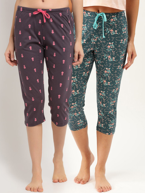 

Kanvin Women Pack of 2 Printed Pure Cotton Three-Fourth Mid-Rise Lounge Pants, Teal
