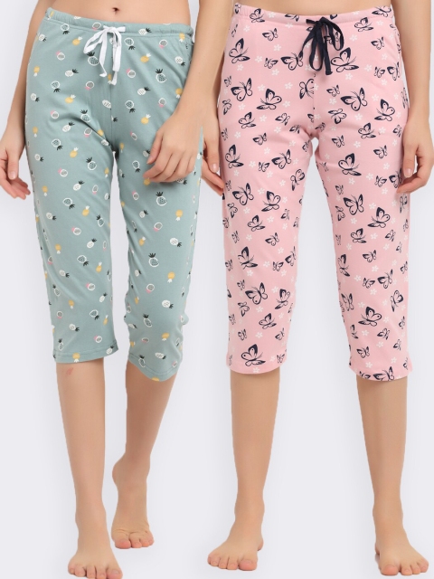 

Kanvin Women Pack Of 2 Printed Pure Cotton Lounge Pants, Pink