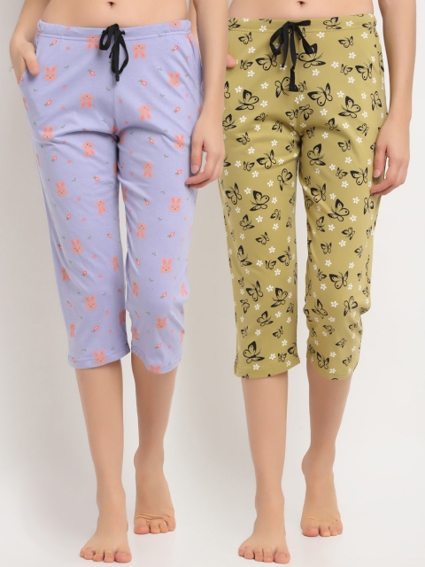 

Kanvin Women Pack Of 2 Printed Pure Cotton Lounge Pants, Green