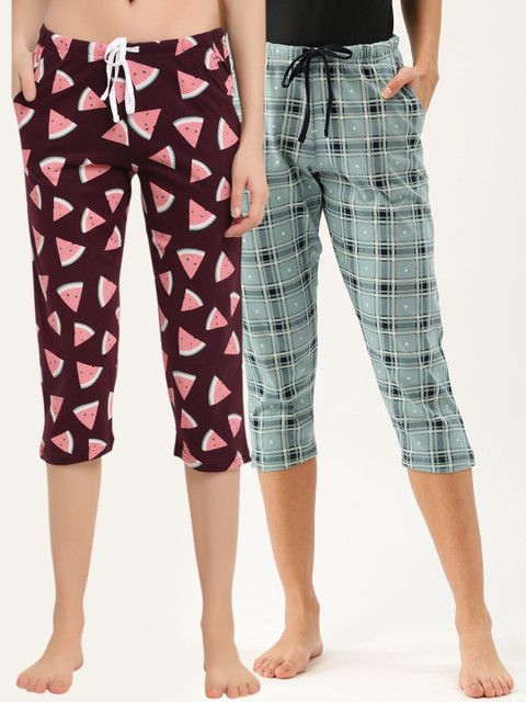 

Kanvin Women Pack of 2 Blue & Brown Pure Cotton Lounge Pants