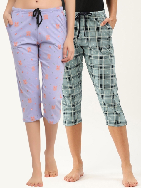 

Kanvin Women Pack Of 2 Printed Pure Cotton Lounge Pants, Blue