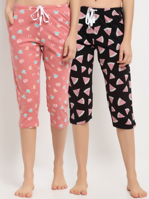 

Kanvin Women Black & Pink Set of 2 Three Fourth Length Cotton Lounge Pants